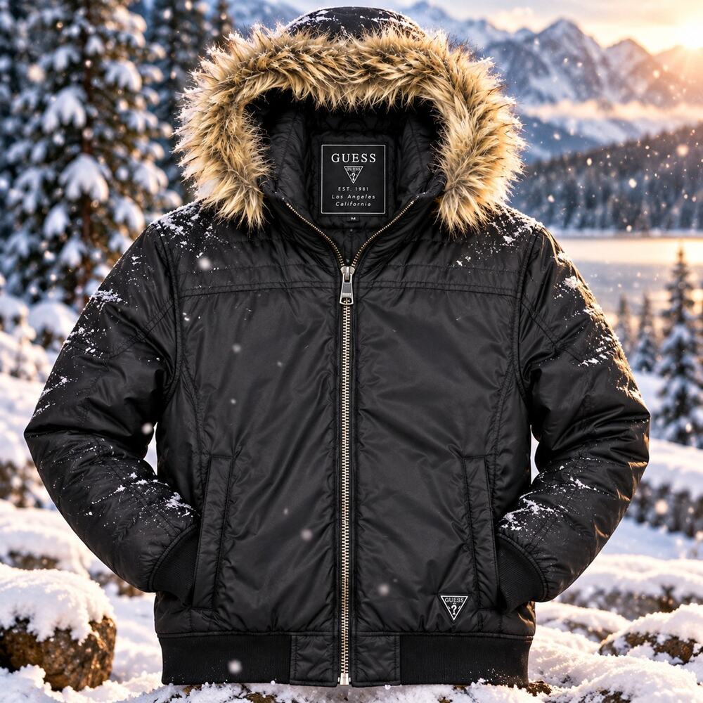 GUESS Mens Medium Black Puffer Bomber Jacket Faux Fur Hood Winter Coat Zip Up